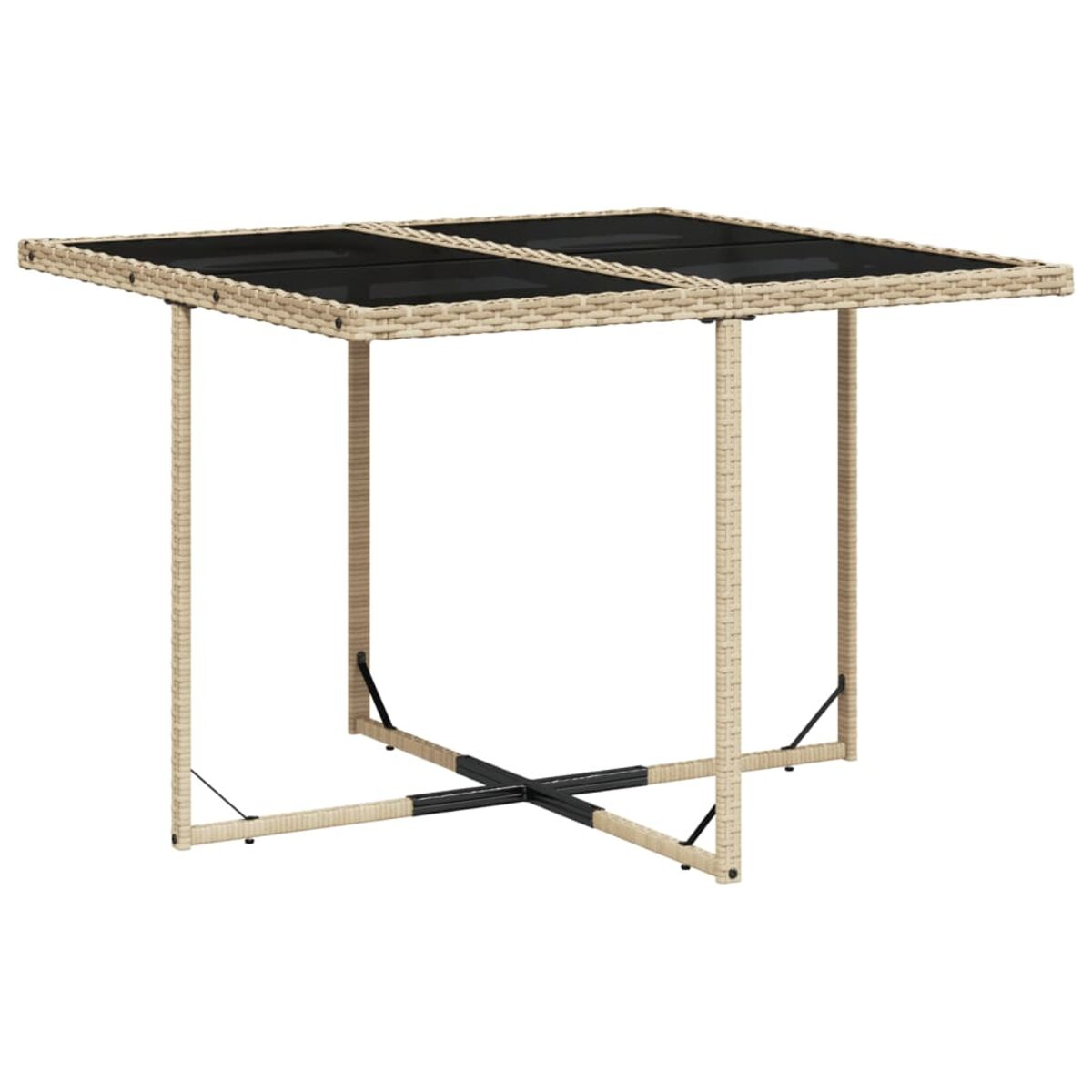 Tavolo quadrato con piano in vetro e struttura in vimini color crema con gambe a forma di X.