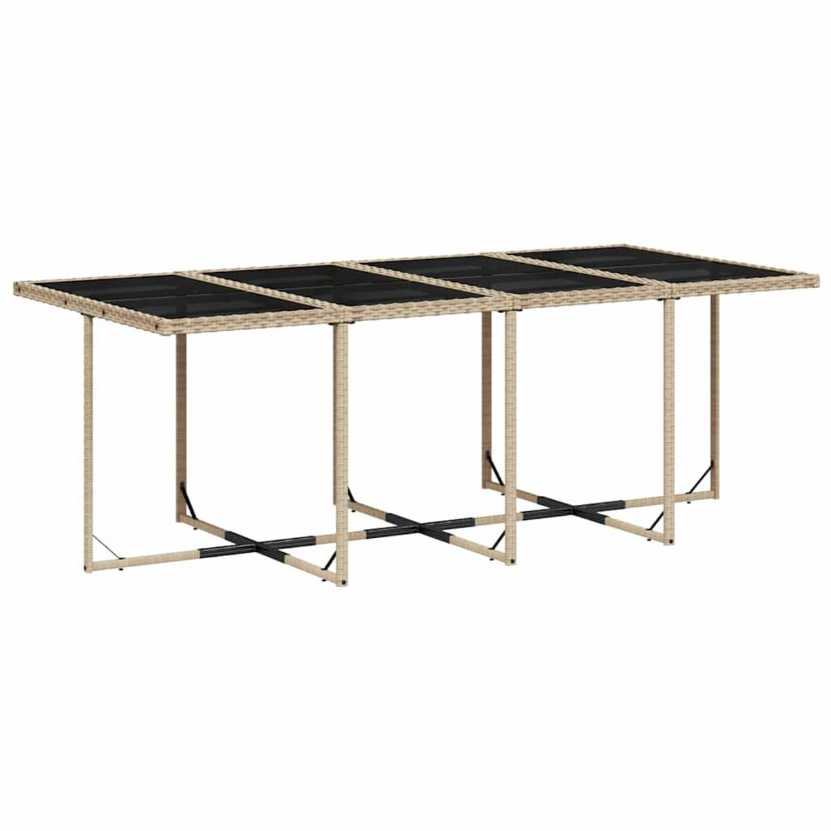 Tavolo da pranzo esterno in vimini. Struttura beige, piano in vetro nero.