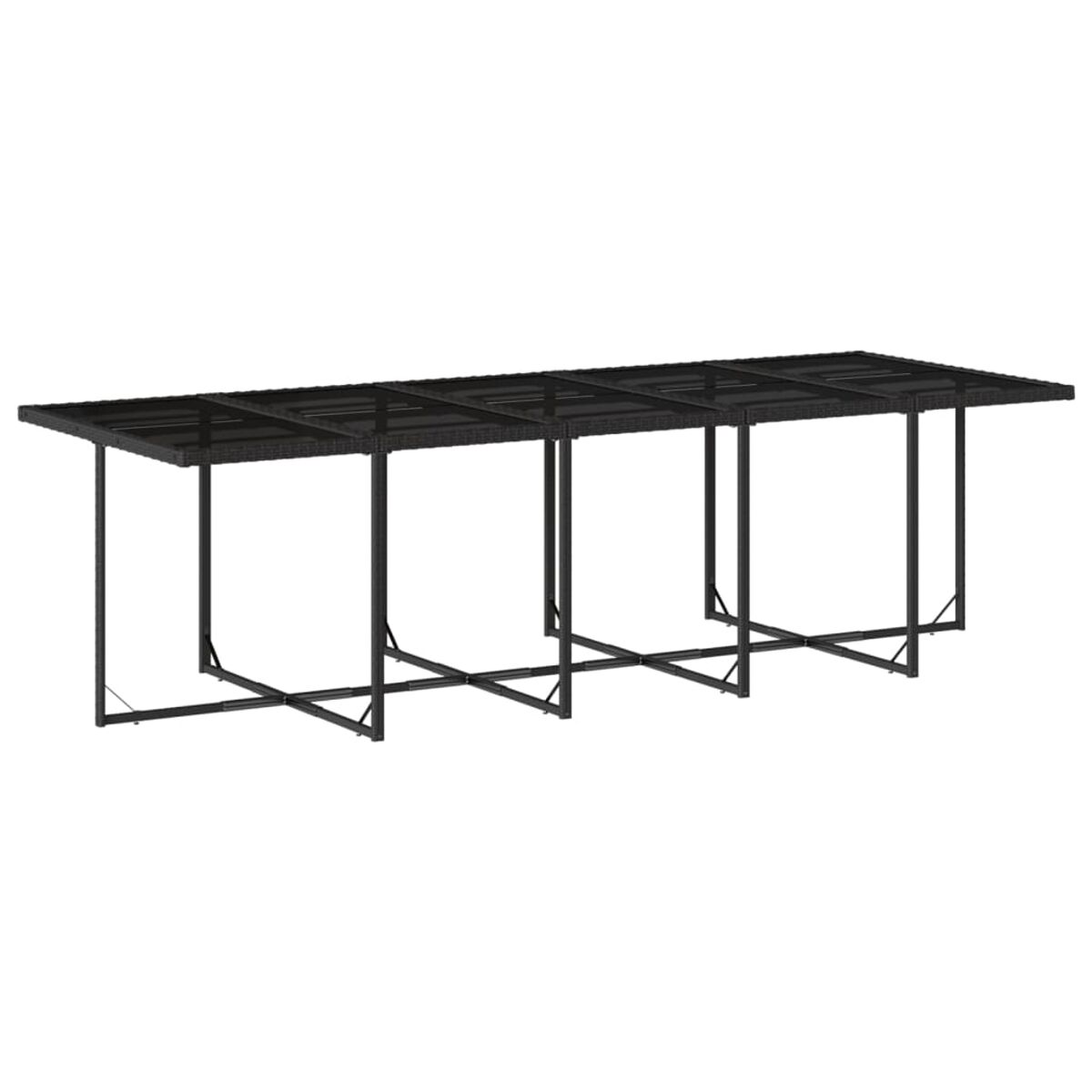 Tavolo lungo con piano in vetro e struttura nera con gambe a forma di X.