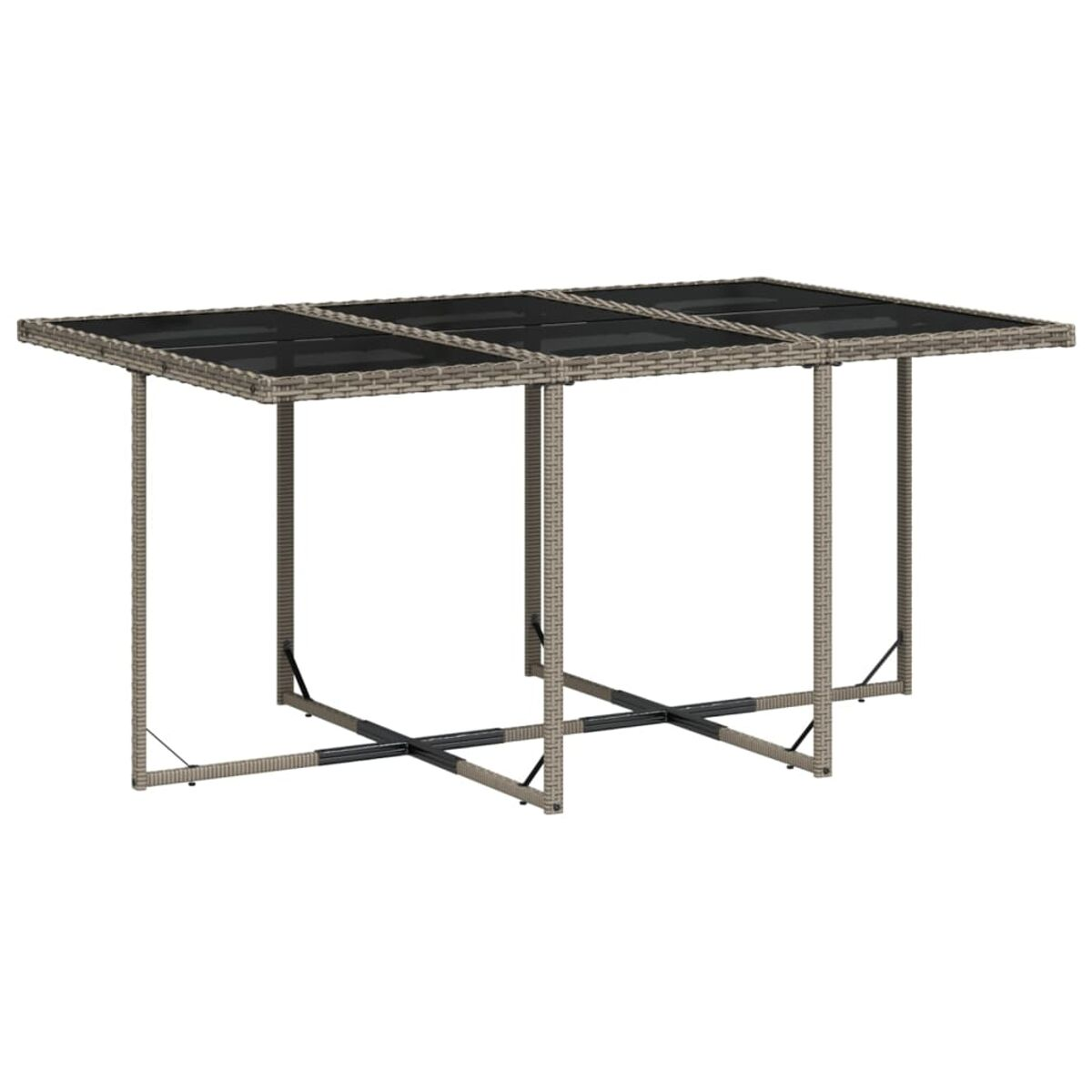 Tavolo da esterno rettangolare con piano in vetro e base intrecciata. Quattro gambe.