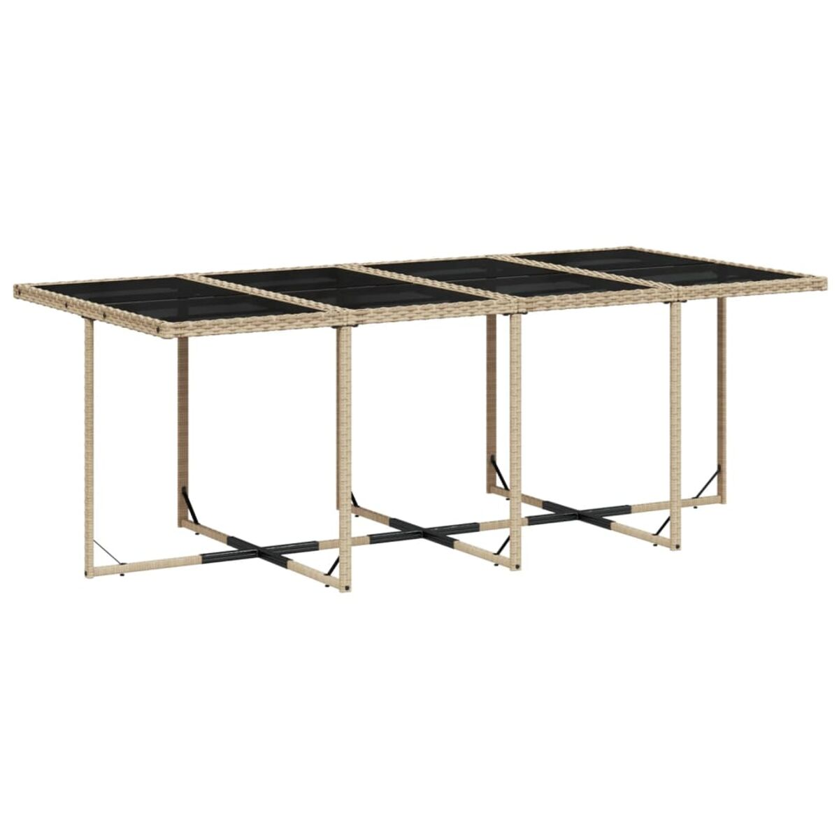 Tavolo rettangolare con struttura intrecciata marrone chiaro e piano in vetro nero.