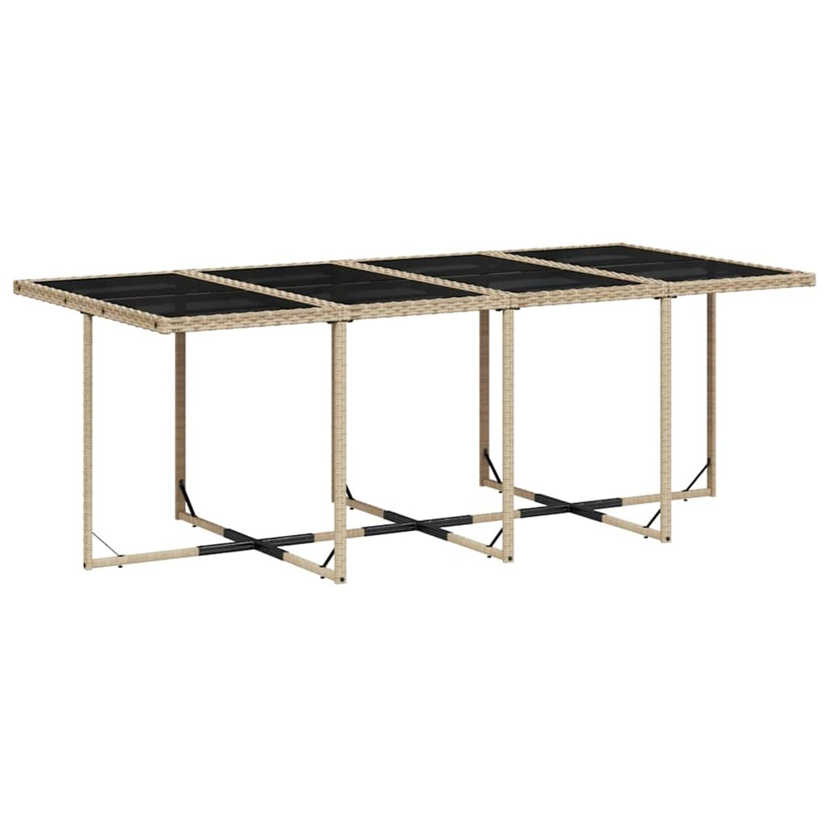 Un tavolo rettangolare da esterno con piano in vetro nero e gambe beige.