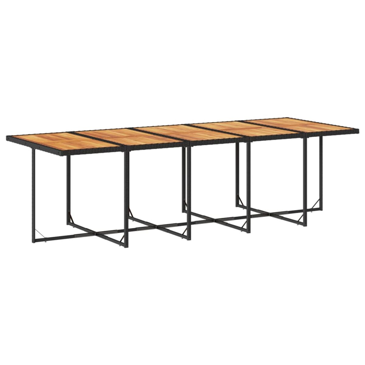 Langer Outdoor-Tisch mit Holzplatte und schwarzem Metallrahmen. Der Tisch ist leer und steht im Freien.