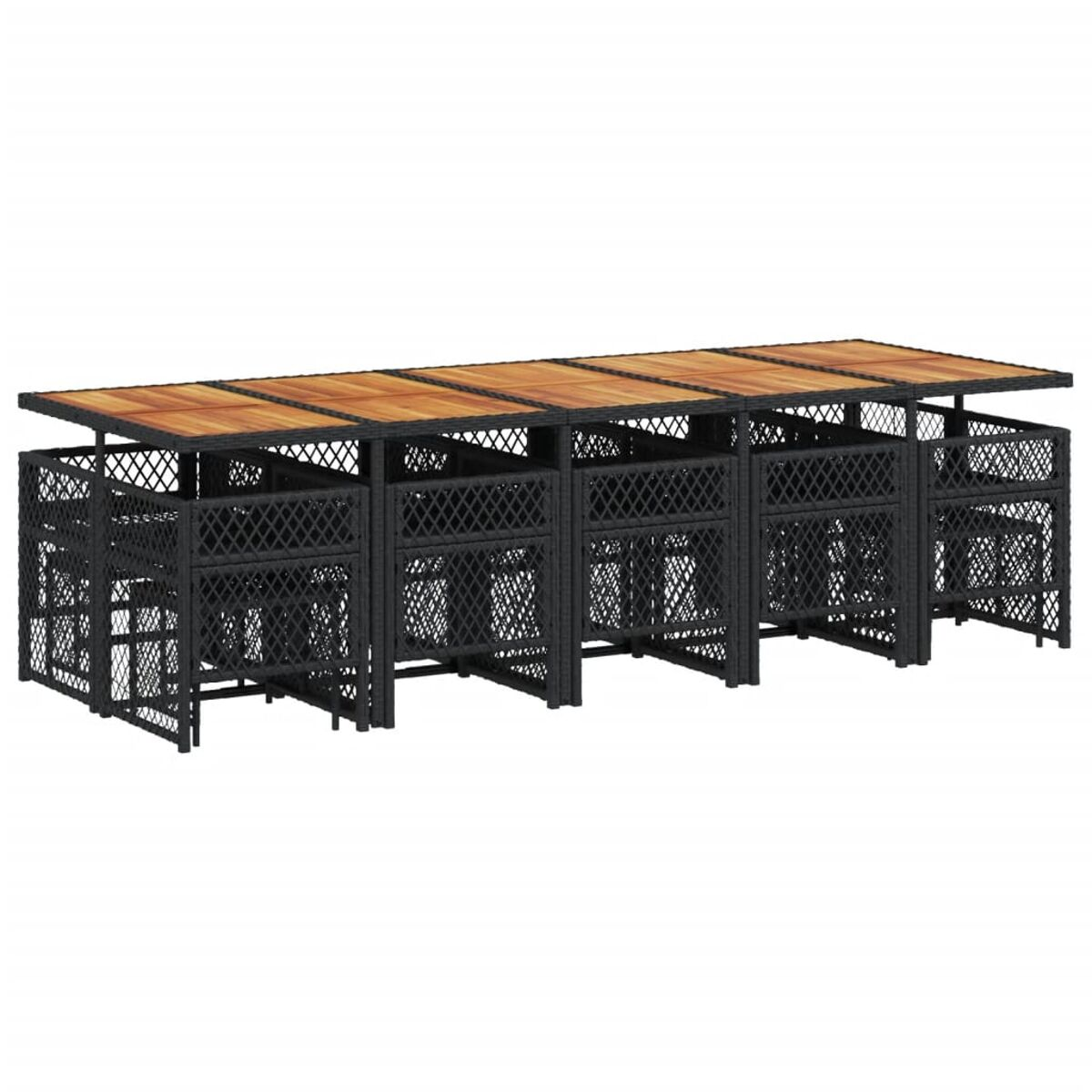 Mehrere lange Tische mit Stühlen. Schwarze Metallrahmen, mit Holzplatten und gewebten Sitzen. Weißer Hintergrund.