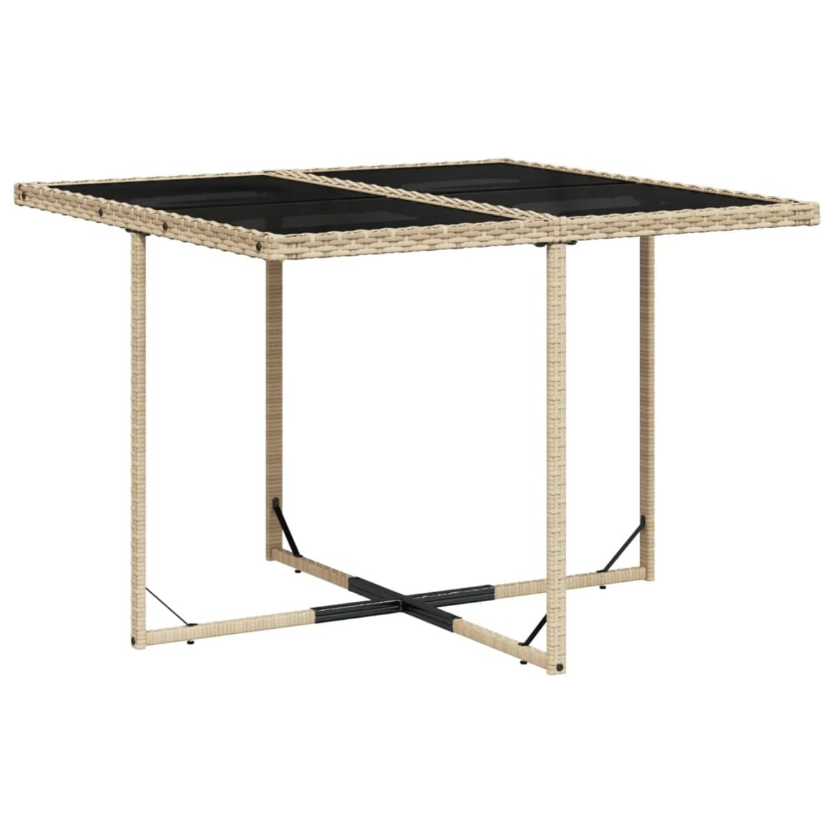 Tavolo quadrato da esterno con piano in vetro. Base in vimini beige. Sfondo bianco.
