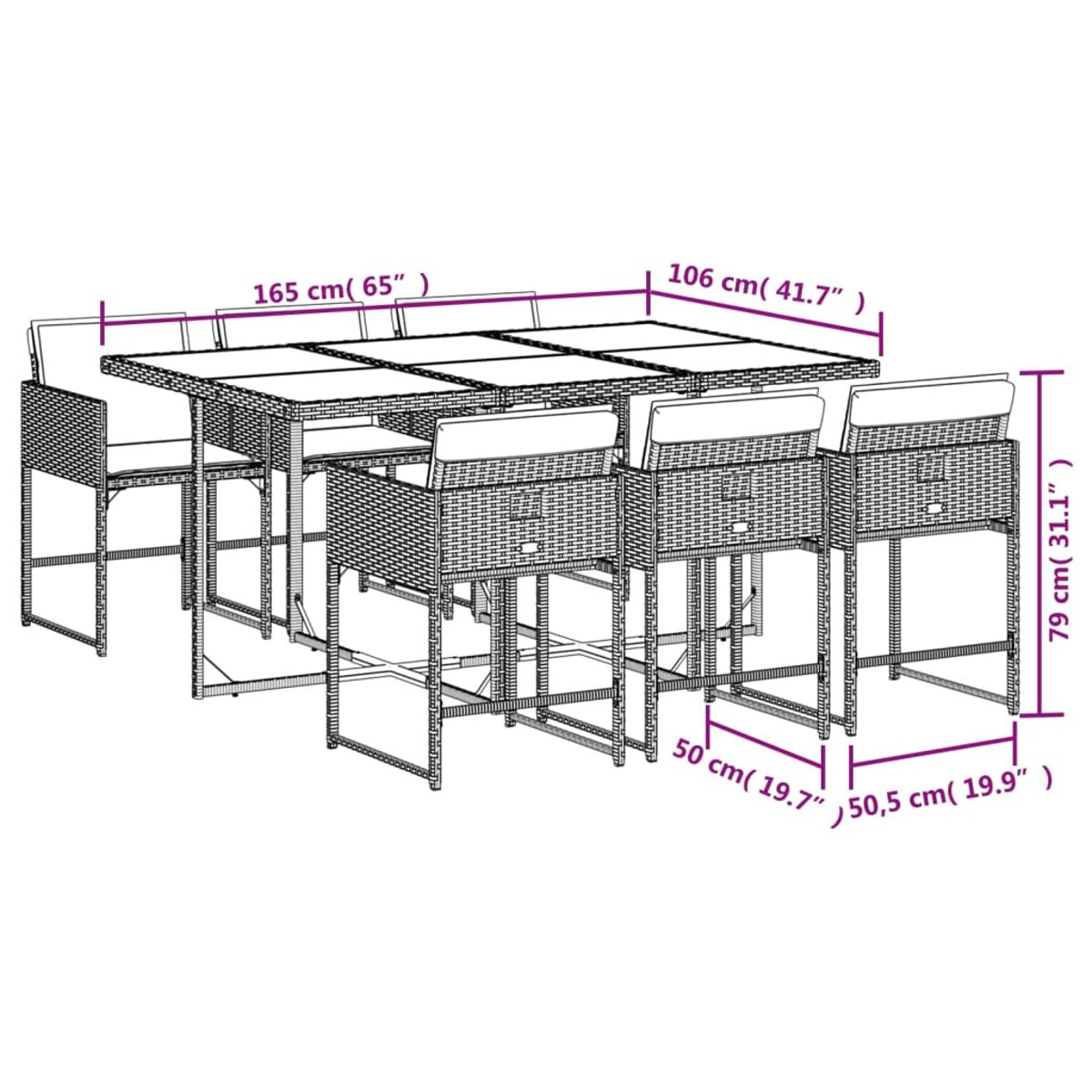 Set da pranzo per esterni con un tavolo lungo e 8 sedie. Dimensioni in centimetri.