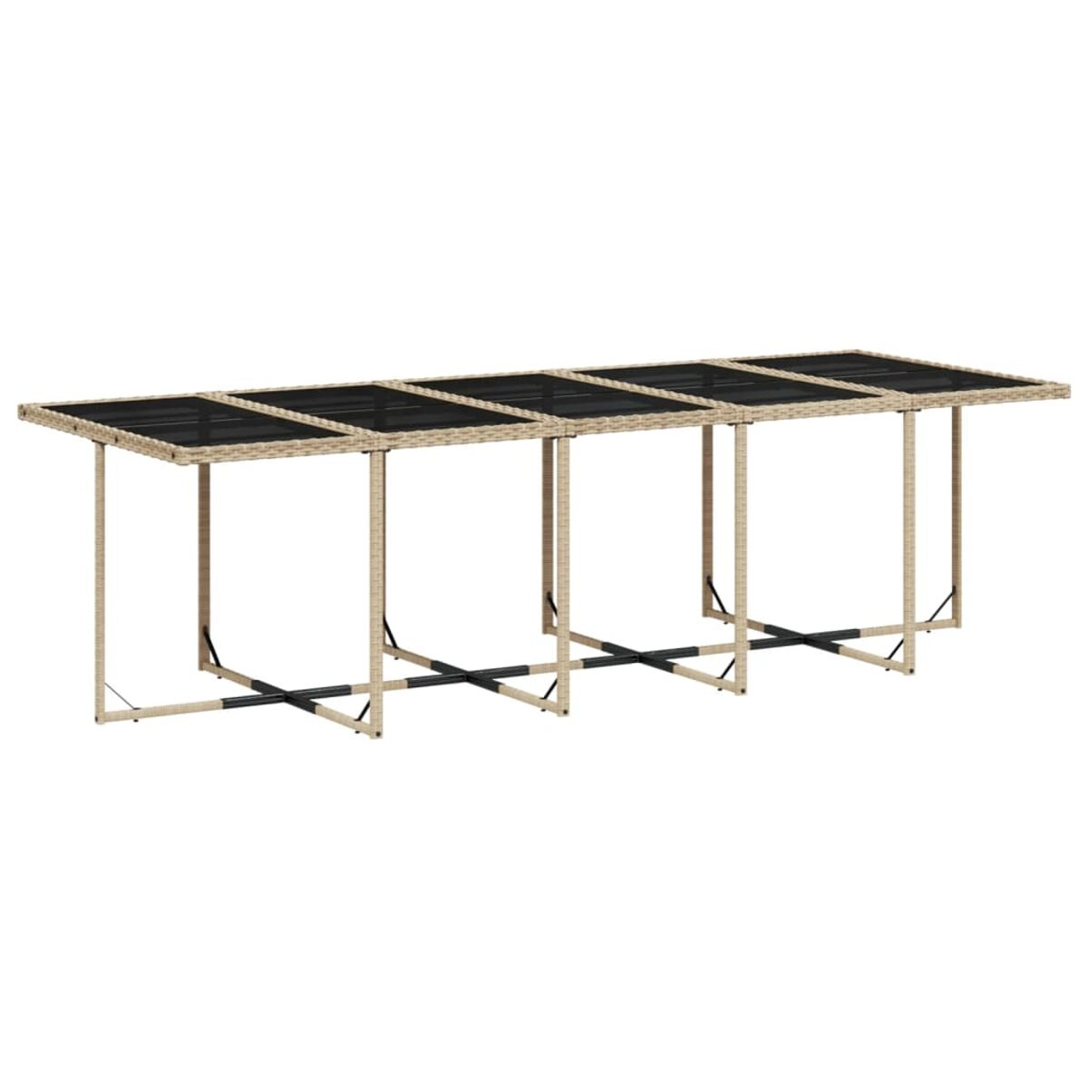 Tavolo da pranzo per esterni con piano nero. Struttura beige. Sei sezioni. Supporti a croce neri. Sfondo bianco.
