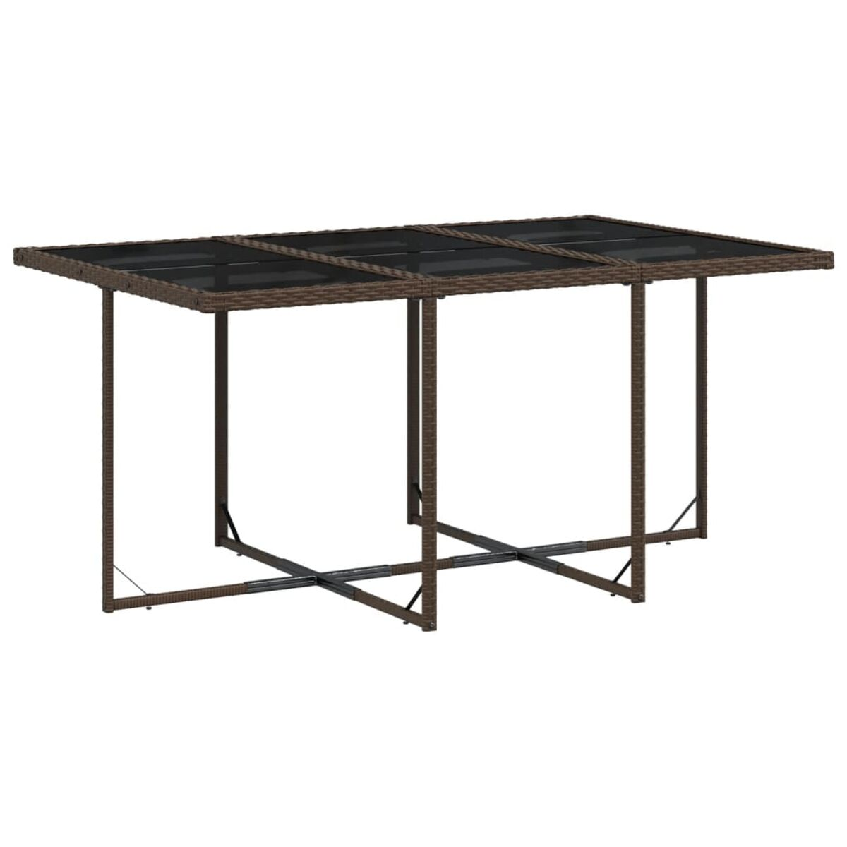 Un tavolo in vimini marrone con piano in vetro nero. Ha forma rettangolare e 4 gambe. Il tavolo è su sfondo bianco.