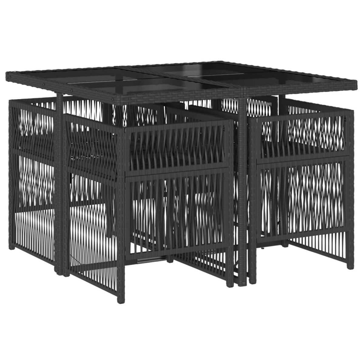 Ein schwarzes Ess-Set für den Außenbereich mit Stühlen und einem Tisch mit Glasplatte.