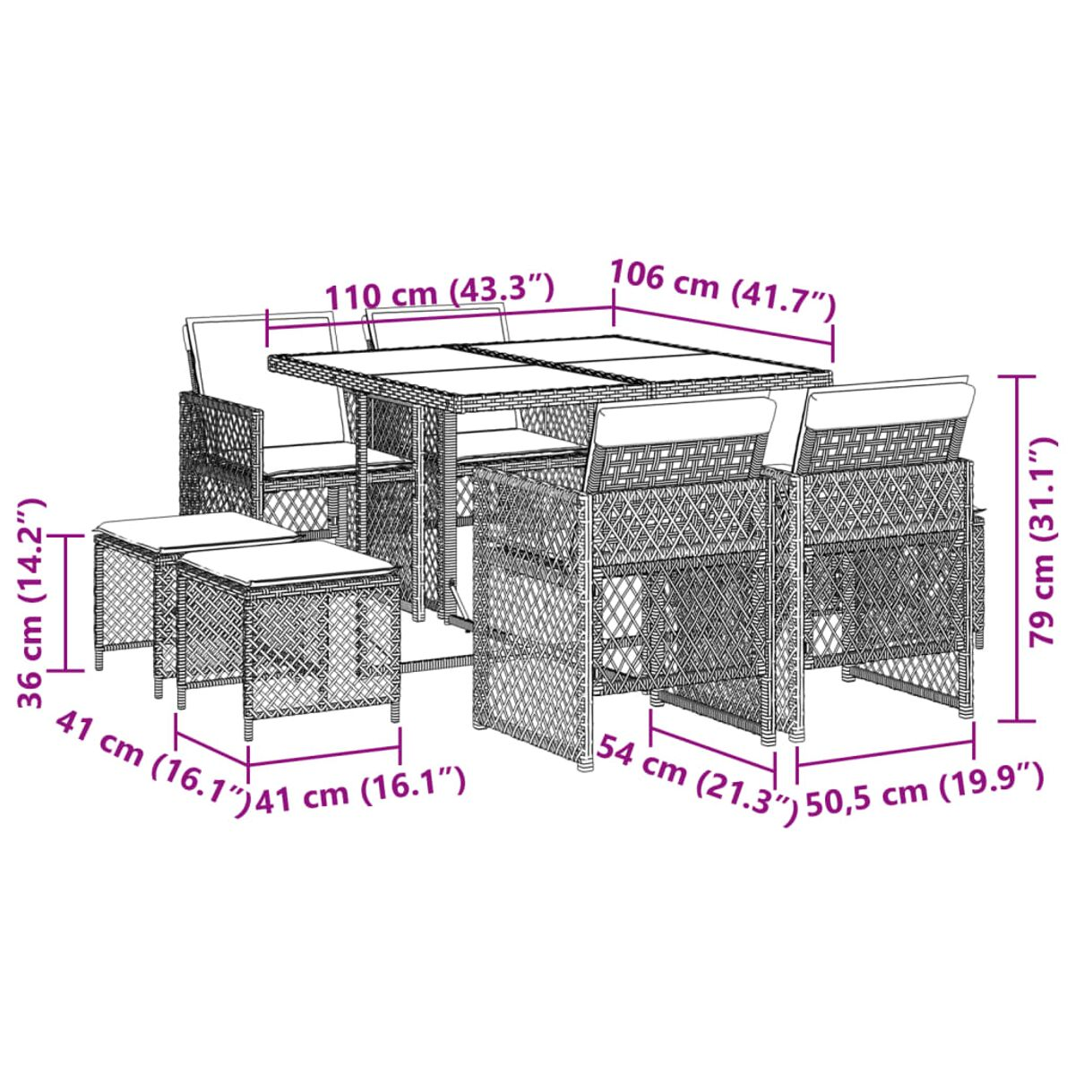 Set da pranzo per esterni con tavolo e sedie, con dimensioni etichettate.