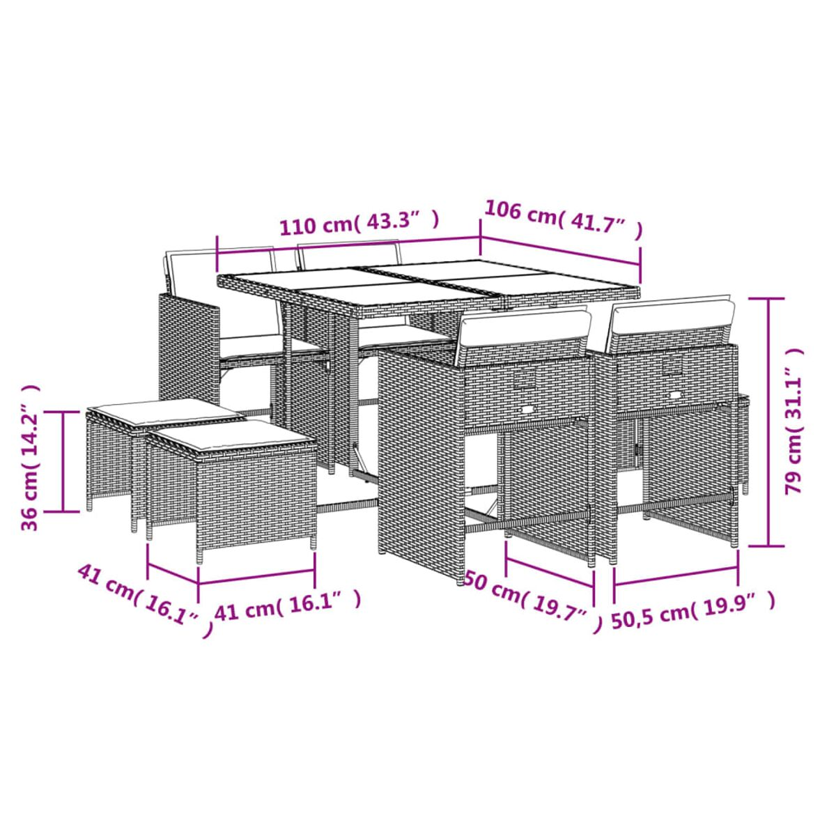Set da pranzo per esterni con tavolo e sedie. Dimensioni indicate.