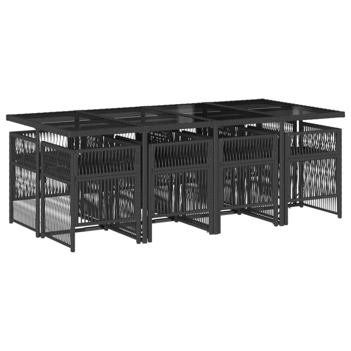 Un tavolo in rattan nero con piano in vetro e struttura a vista, con un set di sedie.