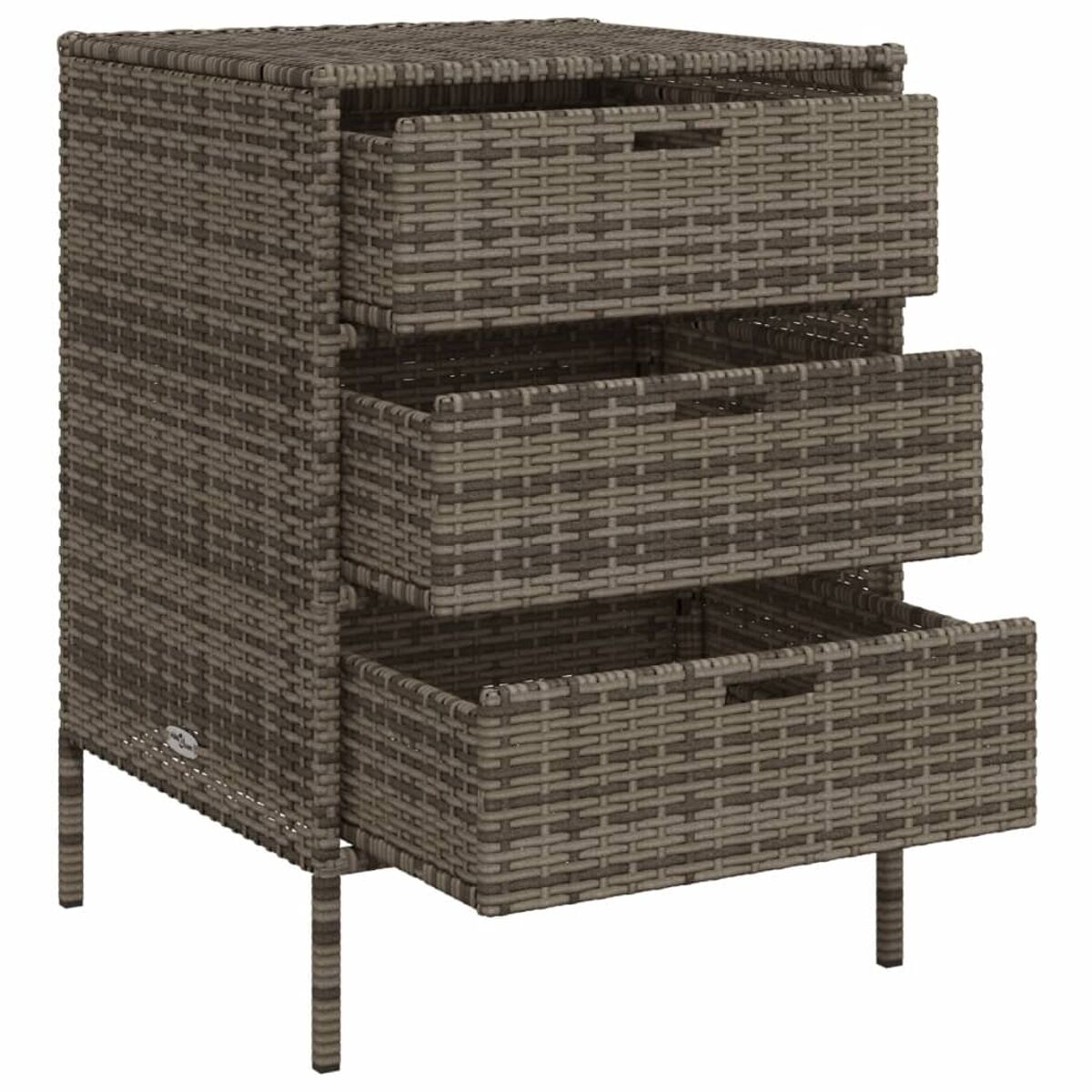 Ein Rattanschrank mit drei Schubladen, jede Schublade geöffnet, Stauraum zeigend.
