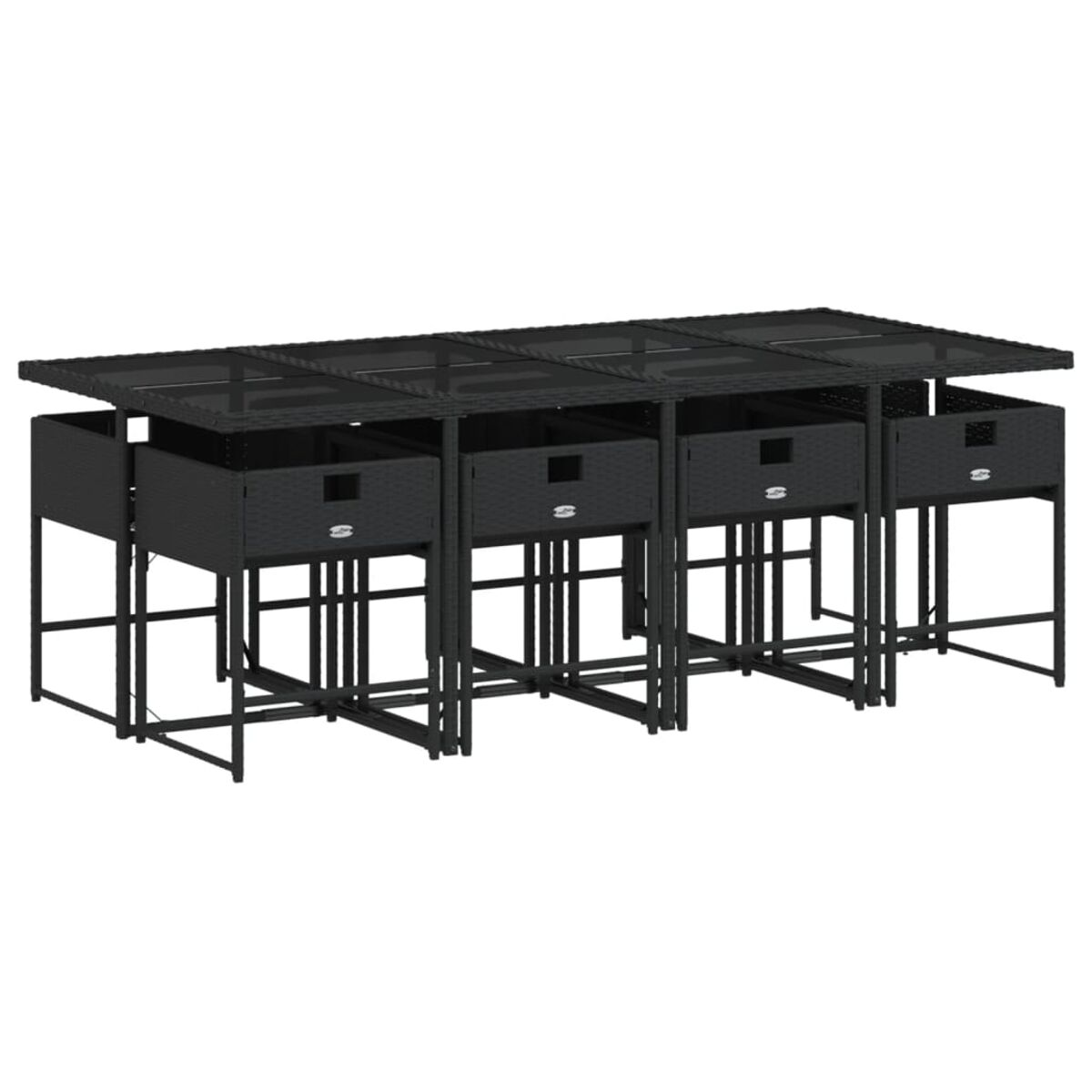 Set da pranzo per esterni nero con tavoli e sedie, disposti in fila. Il tavolo ha un piano in vetro.