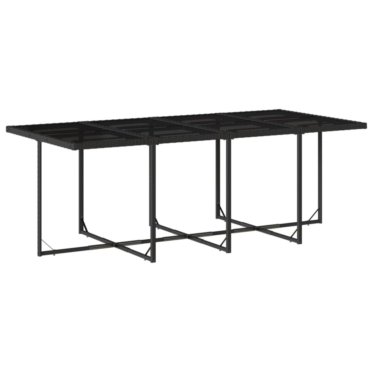 Tavolo da esterno in vimini nero con piano in vetro e gambe in metallo.