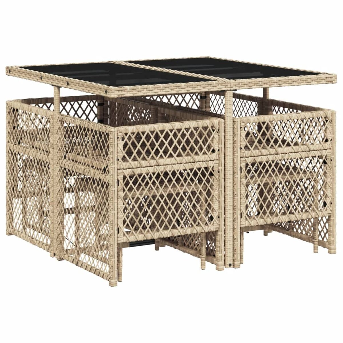 Set da pranzo in vimini per esterni con tavolo e sedie sotto un baldacchino nero.