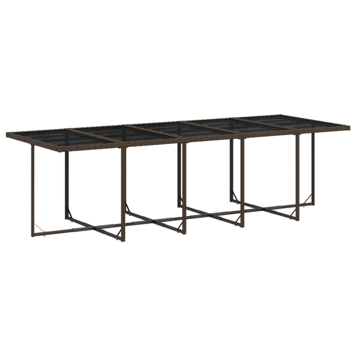 Un tavolo lungo e rettangolare con piano in vetro e base intrecciata marrone. Ha una base a forma di croce.
