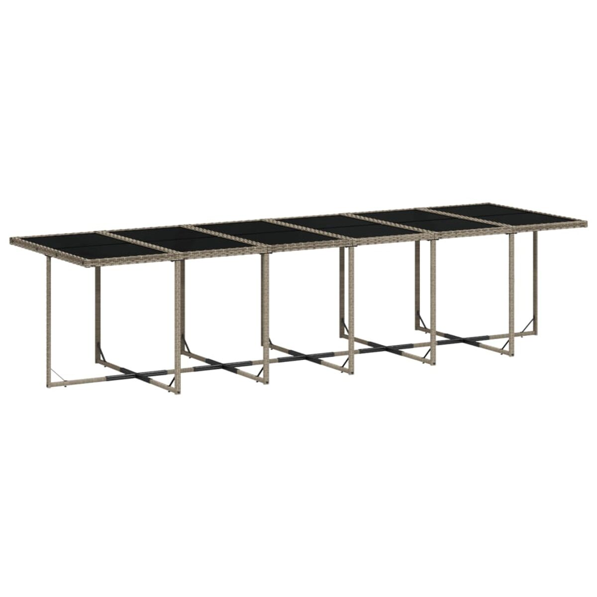Tavolo lungo da esterno con base intrecciata grigia e piano nero. Le gambe sono in metallo.