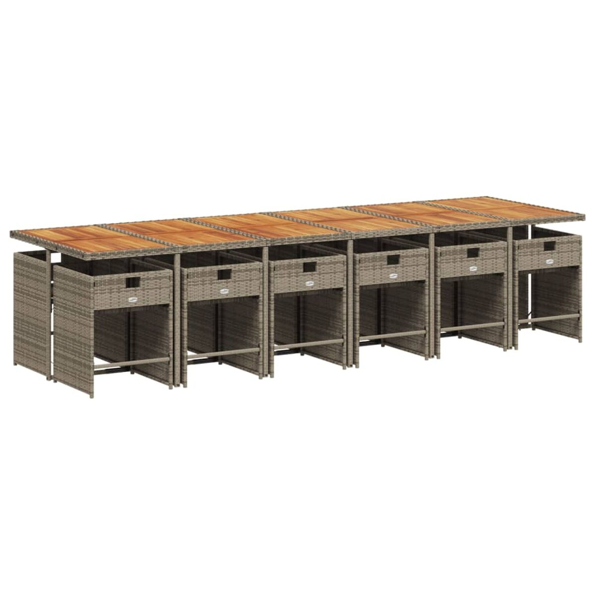 Langer Tisch mit gewebtem Rahmen, Holzplatte und sechs Hockern mit Schubladen.
