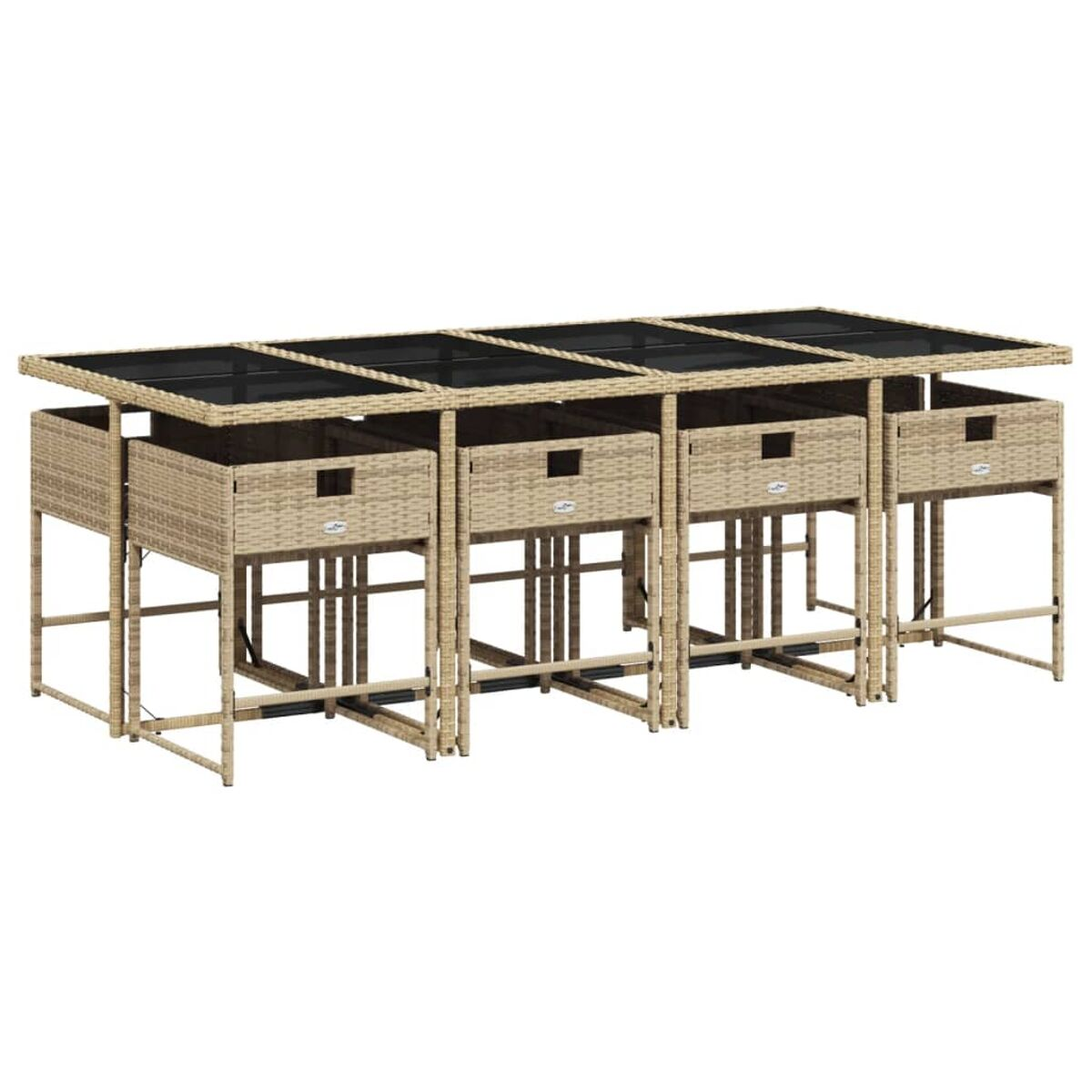Ein Satz modularer Tische mit Glasplatten und gewebten Seiten. Beige und schwarze Farben. Weißer Hintergrund.