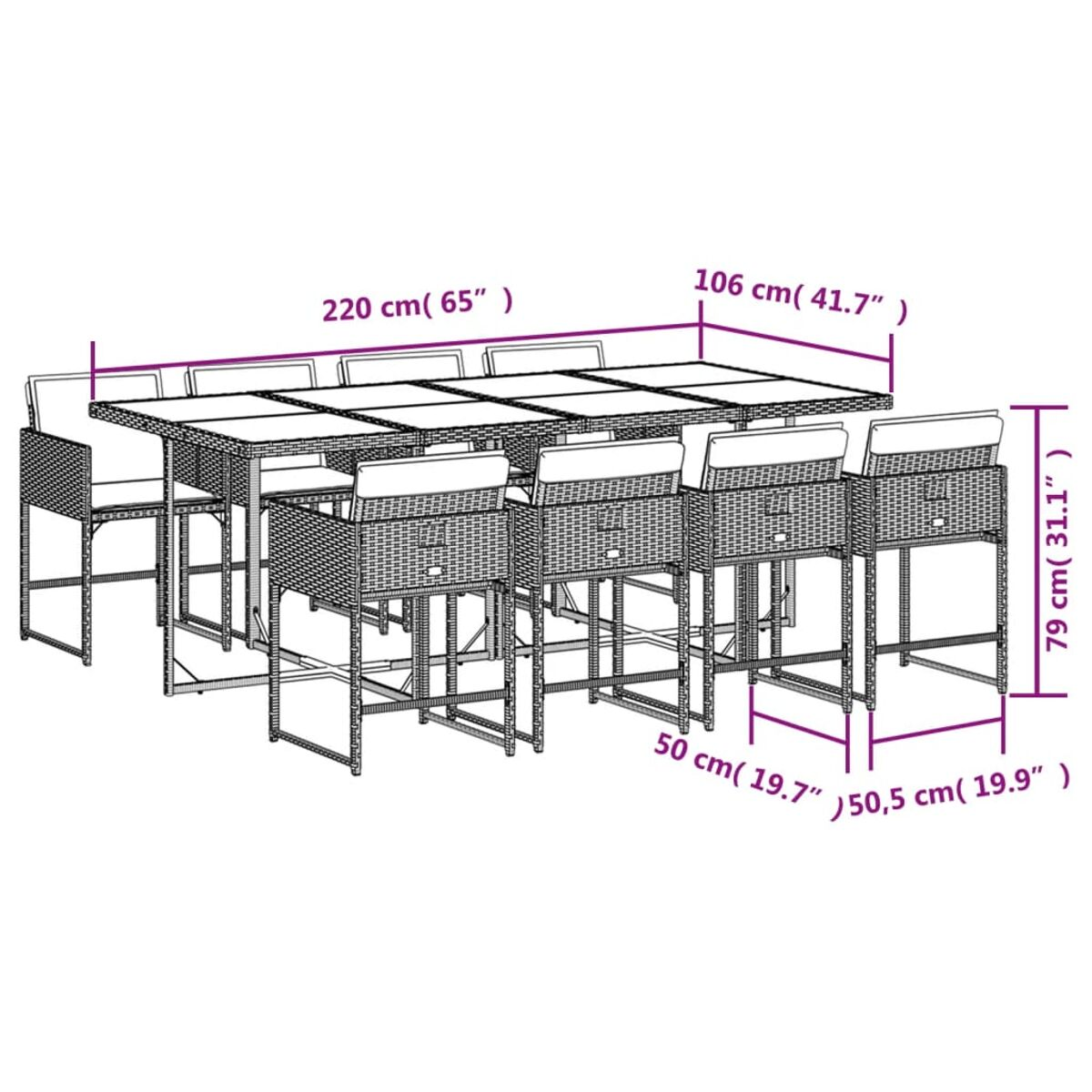 Outdoor-Essgruppe mit Tisch und Stühlen. Der Tisch hat eine dunkle Oberfläche.