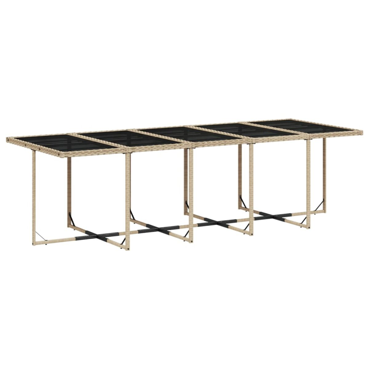 Tavolo lungo da esterno con telaio nero e beige e piano in vetro.