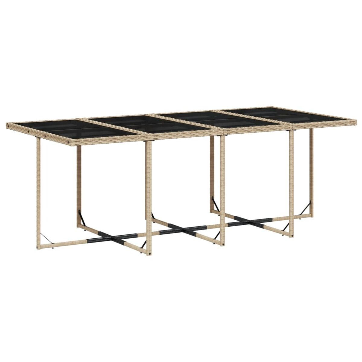 Langer Tisch mit Glasplatte und beigem Korbrahmen. Der Rahmen hat ein X-förmiges Design.