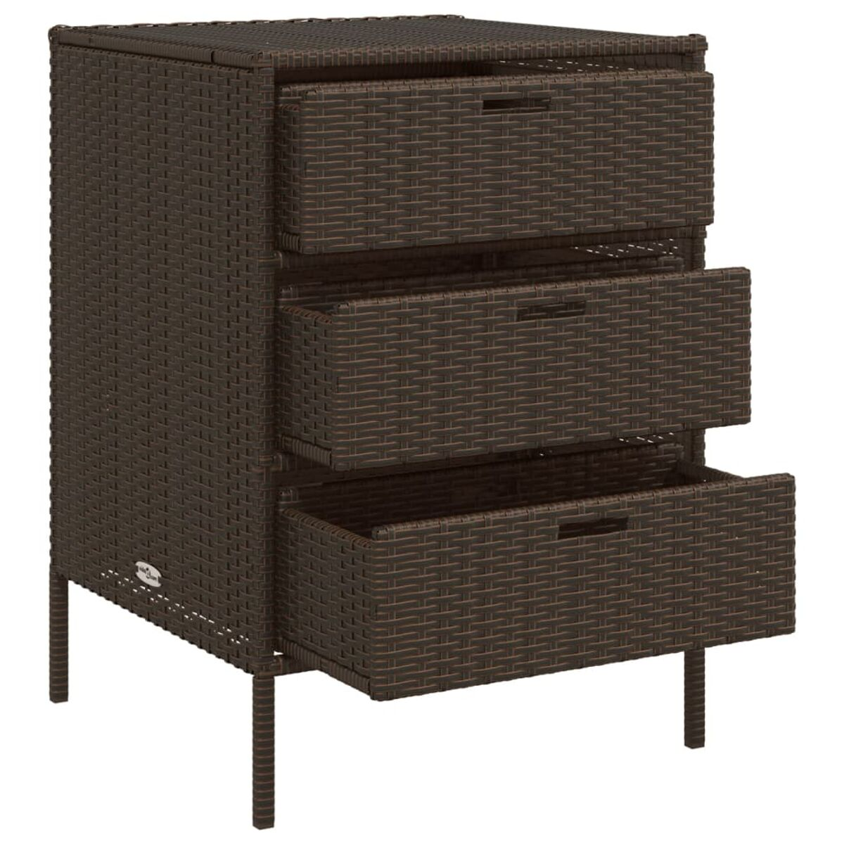 Brauner Rattanschrank mit drei Schubladen, steht auf dünnen Metallbeinen.