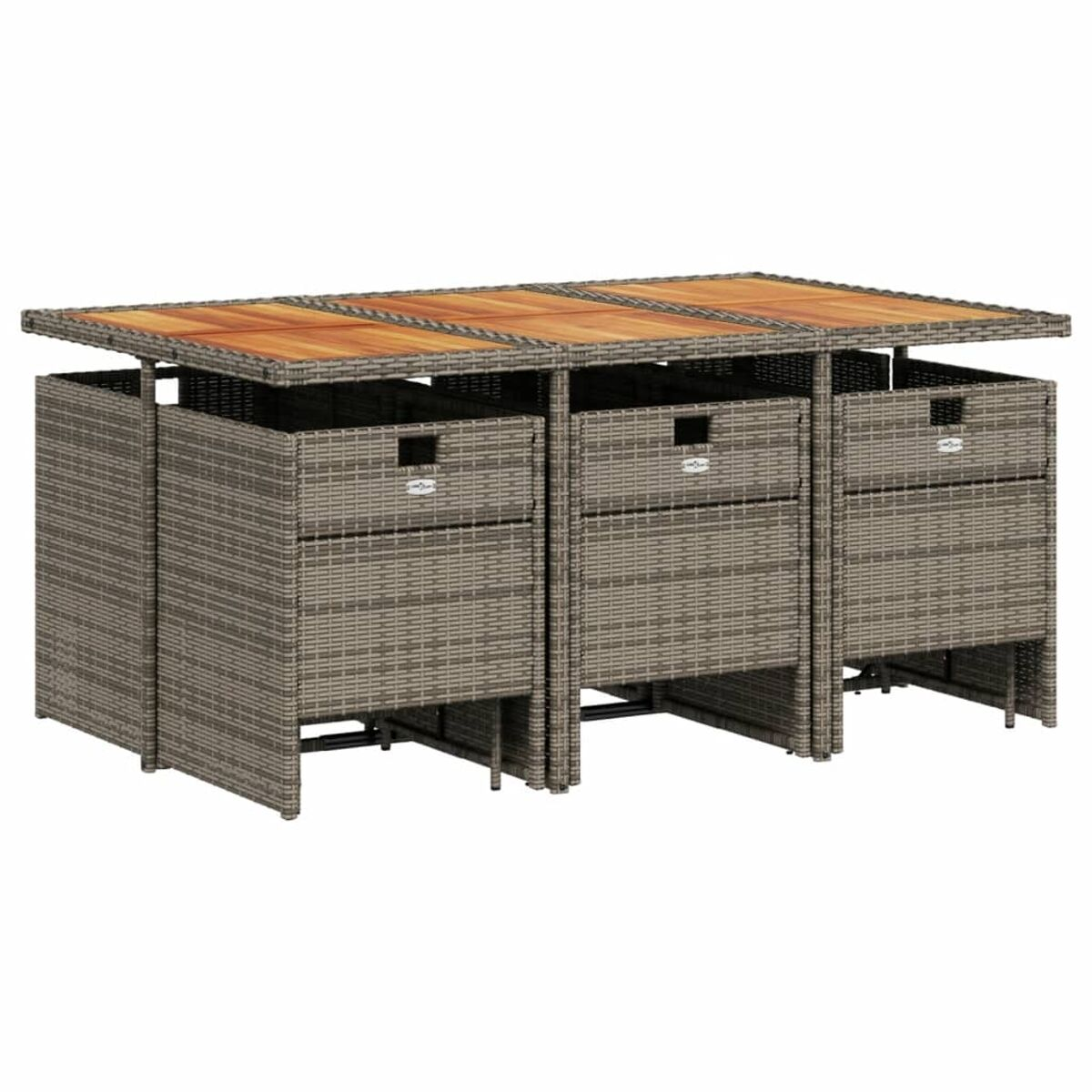 Ein Tisch mit Schubladen und Stühlen. Der Tisch ist aus Holz und die Stühle aus Weide.