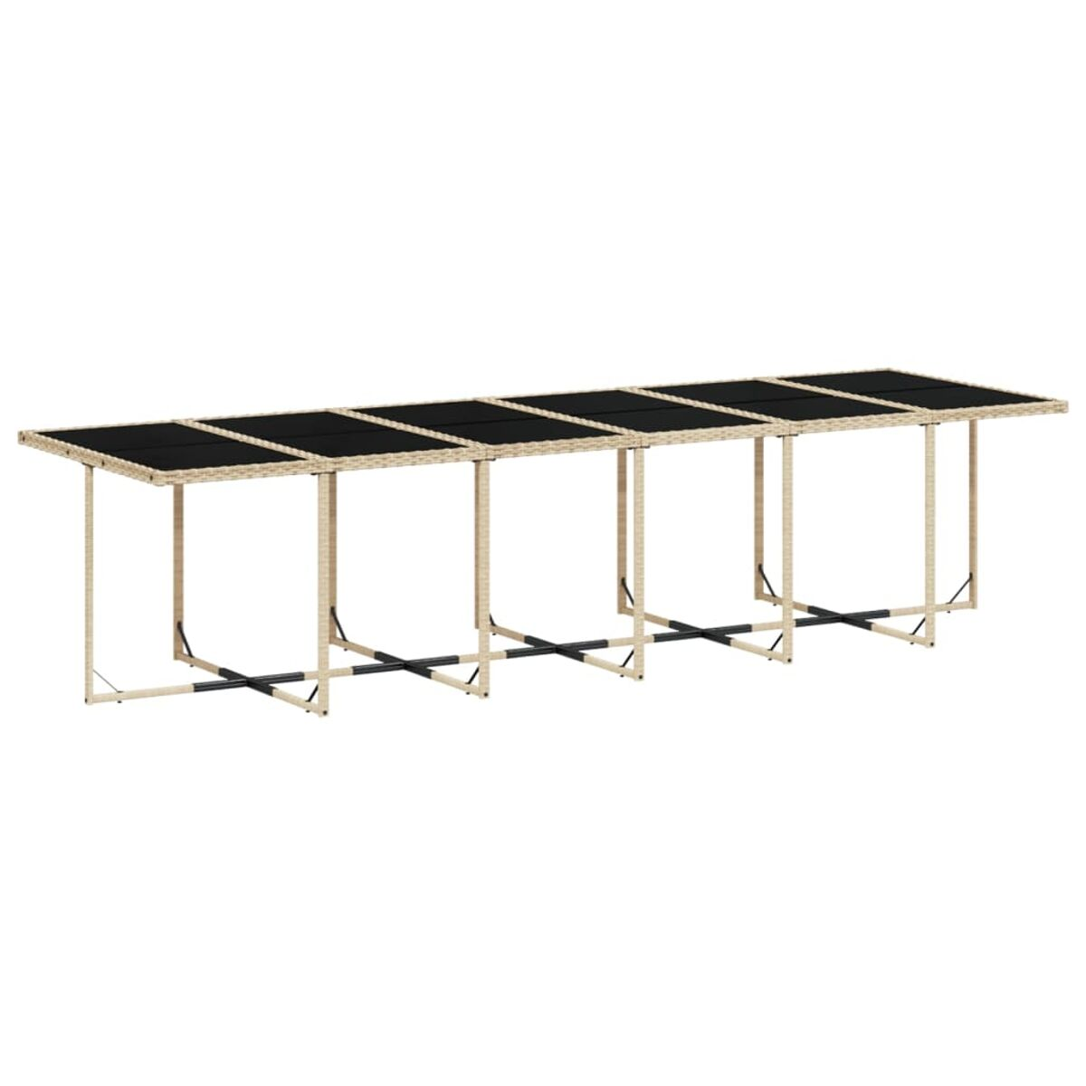 Tavolo da pranzo per esterni con piano nero. Struttura beige. Sei sezioni. Supporti a croce neri. Sfondo bianco.