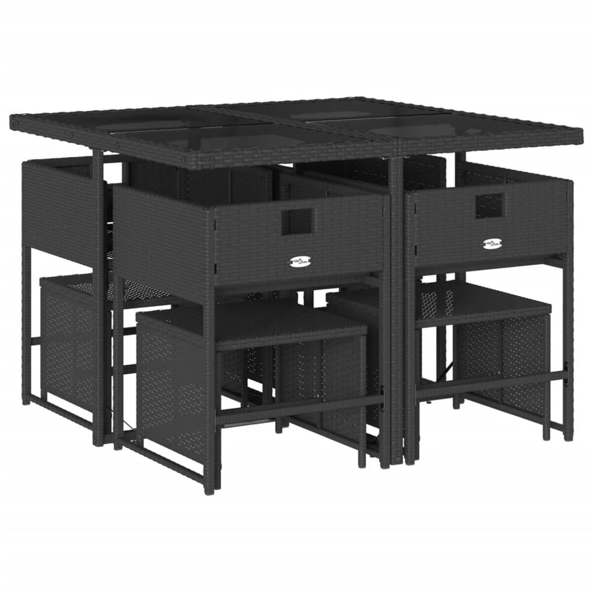 Juego de comedor de patio de mimbre negro. Mesa cuadrada con 4 sillas.