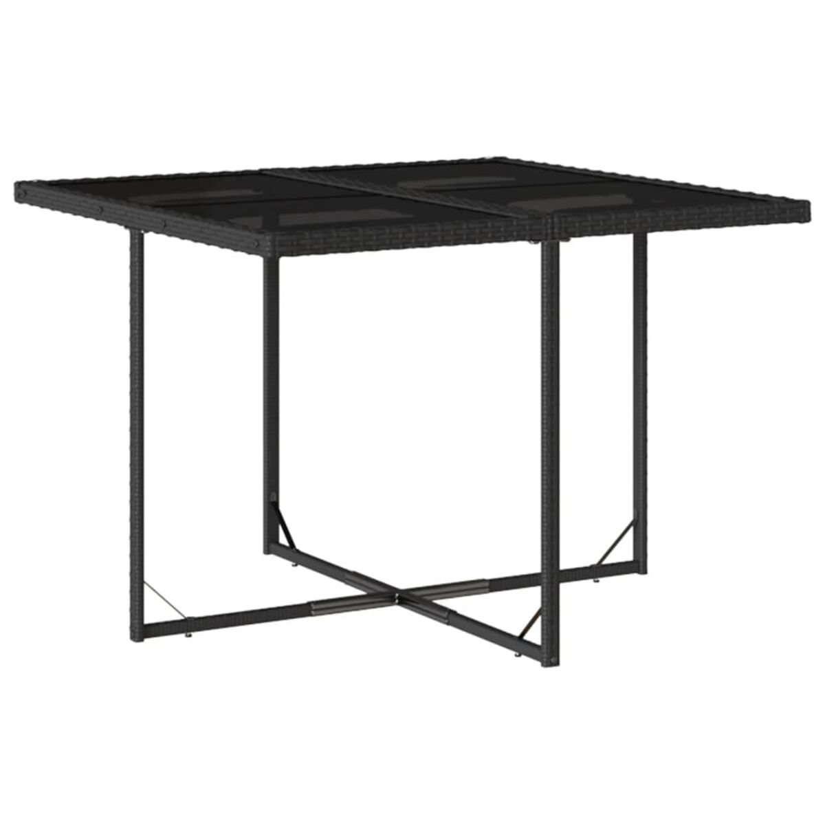 Tavolo da pranzo quadrato per esterni con piano nero. Struttura nera. Supporti a croce neri. Sfondo bianco.