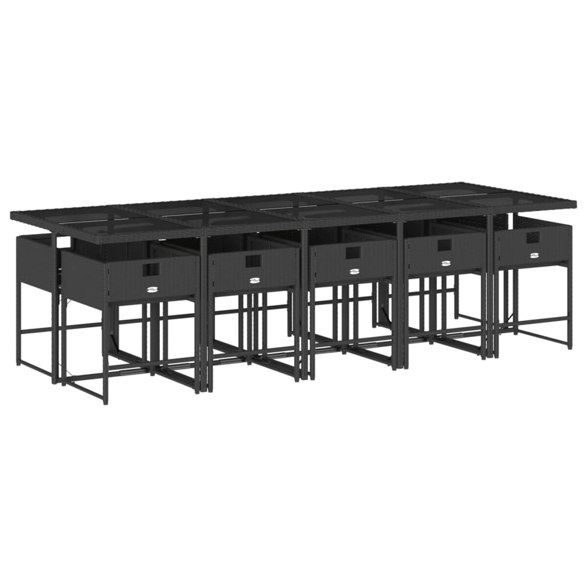 Set da pranzo per esterni, vimini nero. Tavoli con contenitore integrato e sedie. Strutture in metallo.