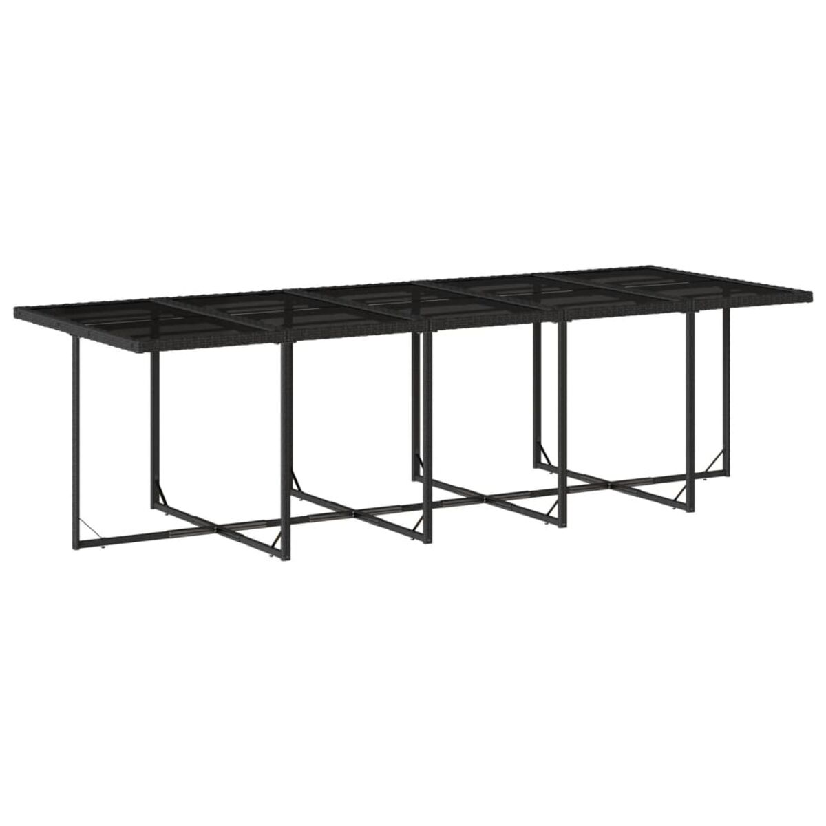 Tavolo nero con piano in vetro. Quattro gambe, supporti a forma di croce, lungo e rettangolare.