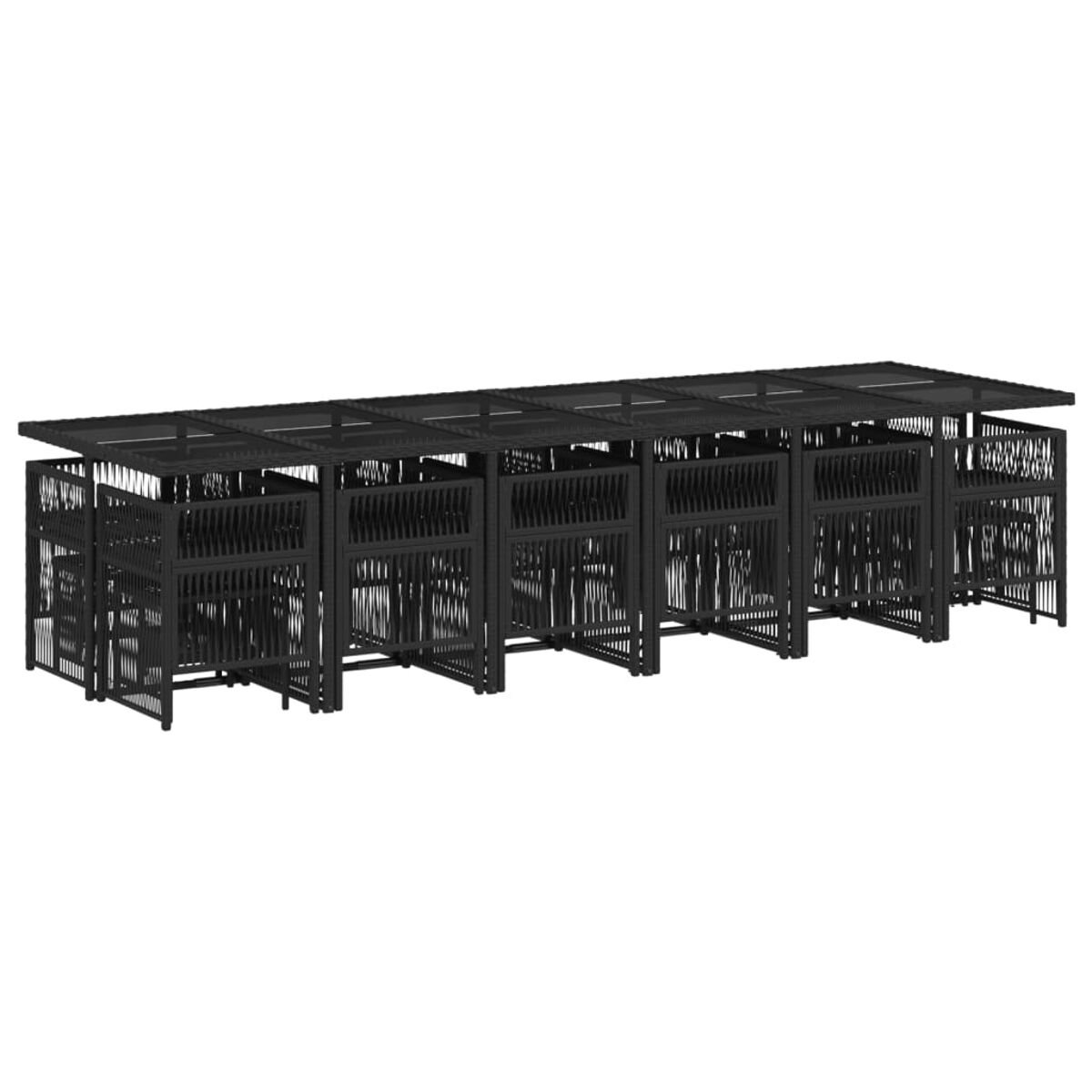 Schwarzes Outdoor-Möbelset mit gewebtem Design. Das Set enthält mehrere Stühle und einen Tisch.