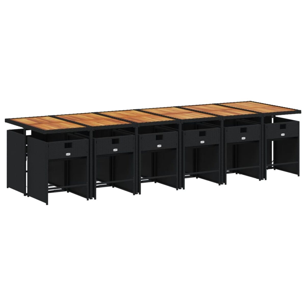 Schwarze Tische für den Außenbereich mit Holzplatten und Schubladen. Seitenansicht, in einer Reihe angeordnet.