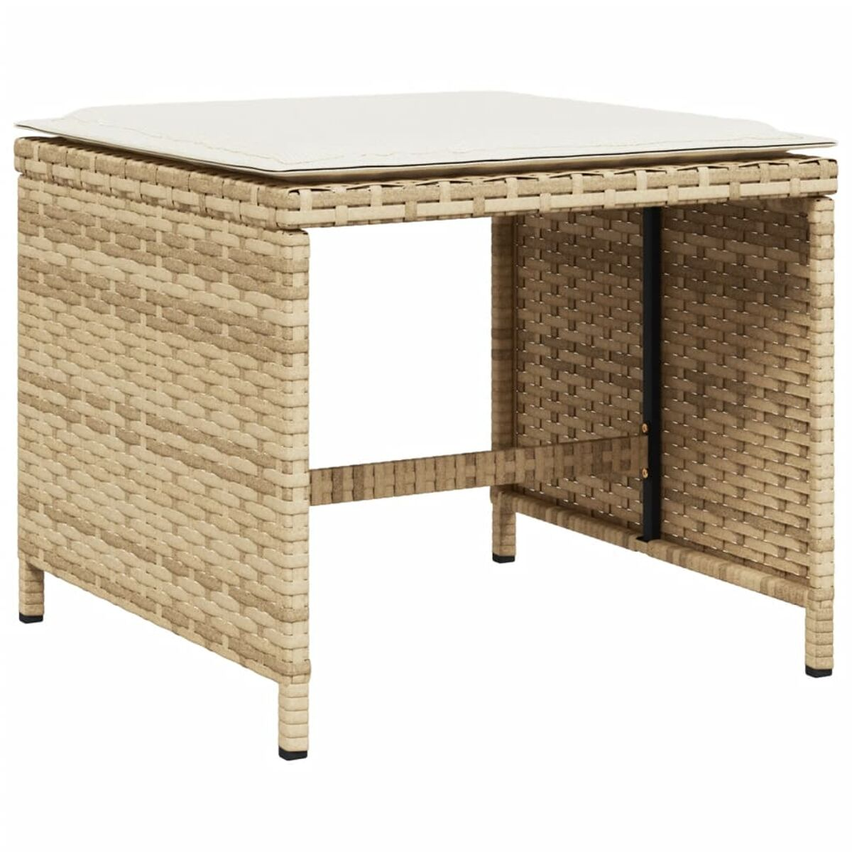 Beiger gewebter quadratischer Tisch mit weißem Kissen oben. Vier Beine und eine gewebte Basis.