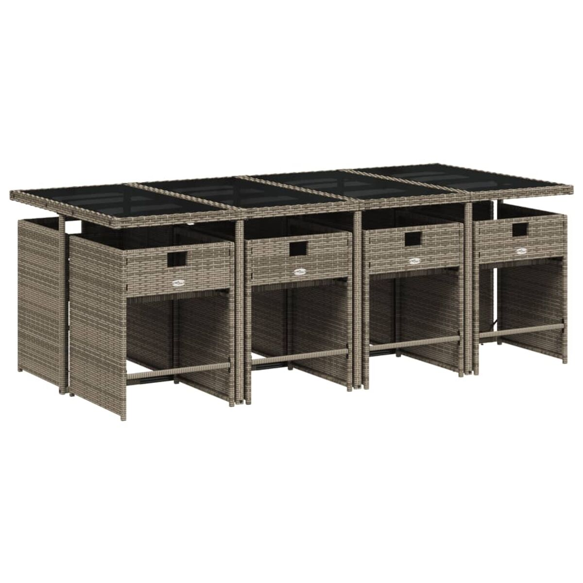 Eine lange Outdoor-Bar aus Rattan mit Schubladen. Sie hat eine schwarze Glasplatte.