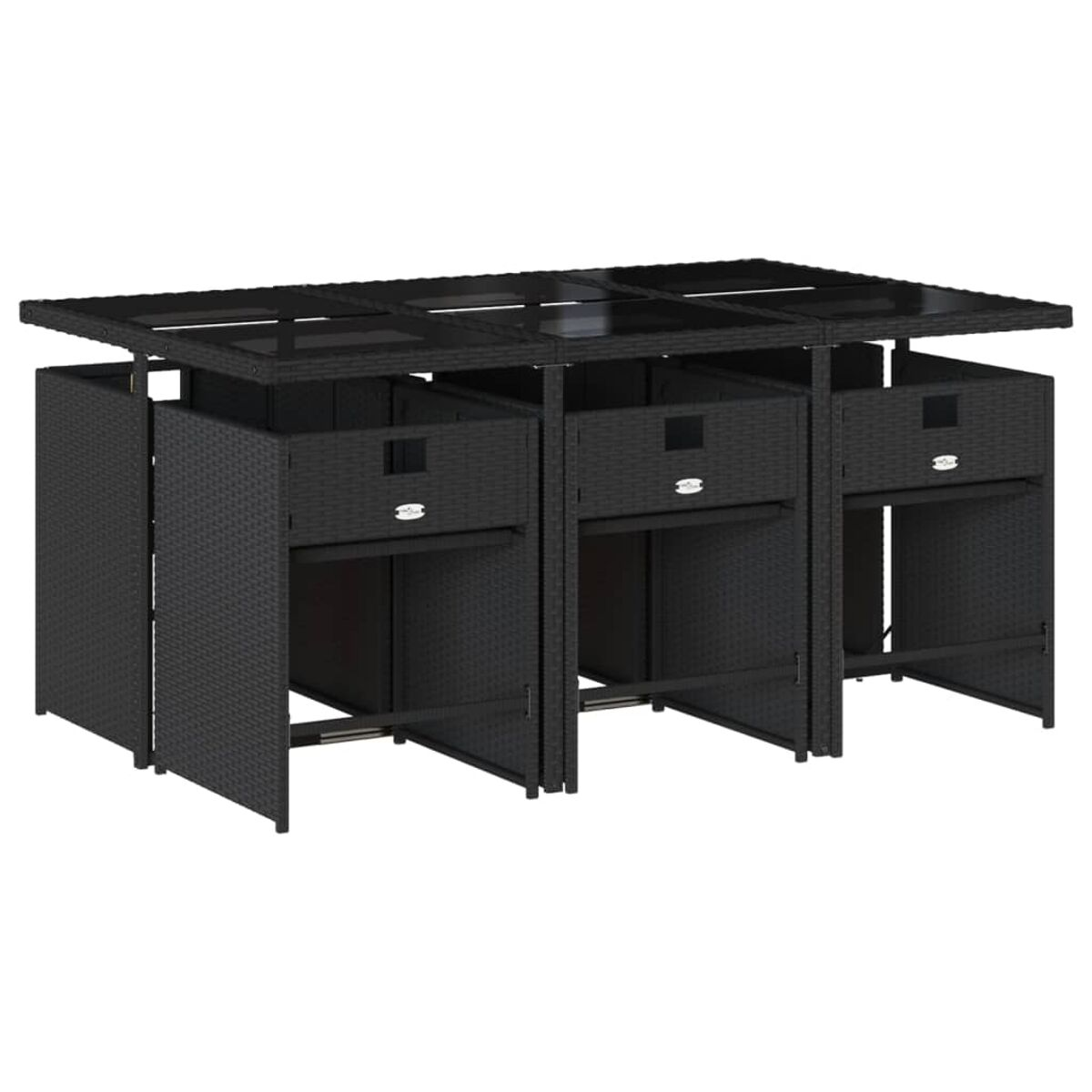 Schwarzes Korbgeflecht-Tischset für draußen, mit versteckten Stühlen, die unter dem Tisch verstaut werden können.