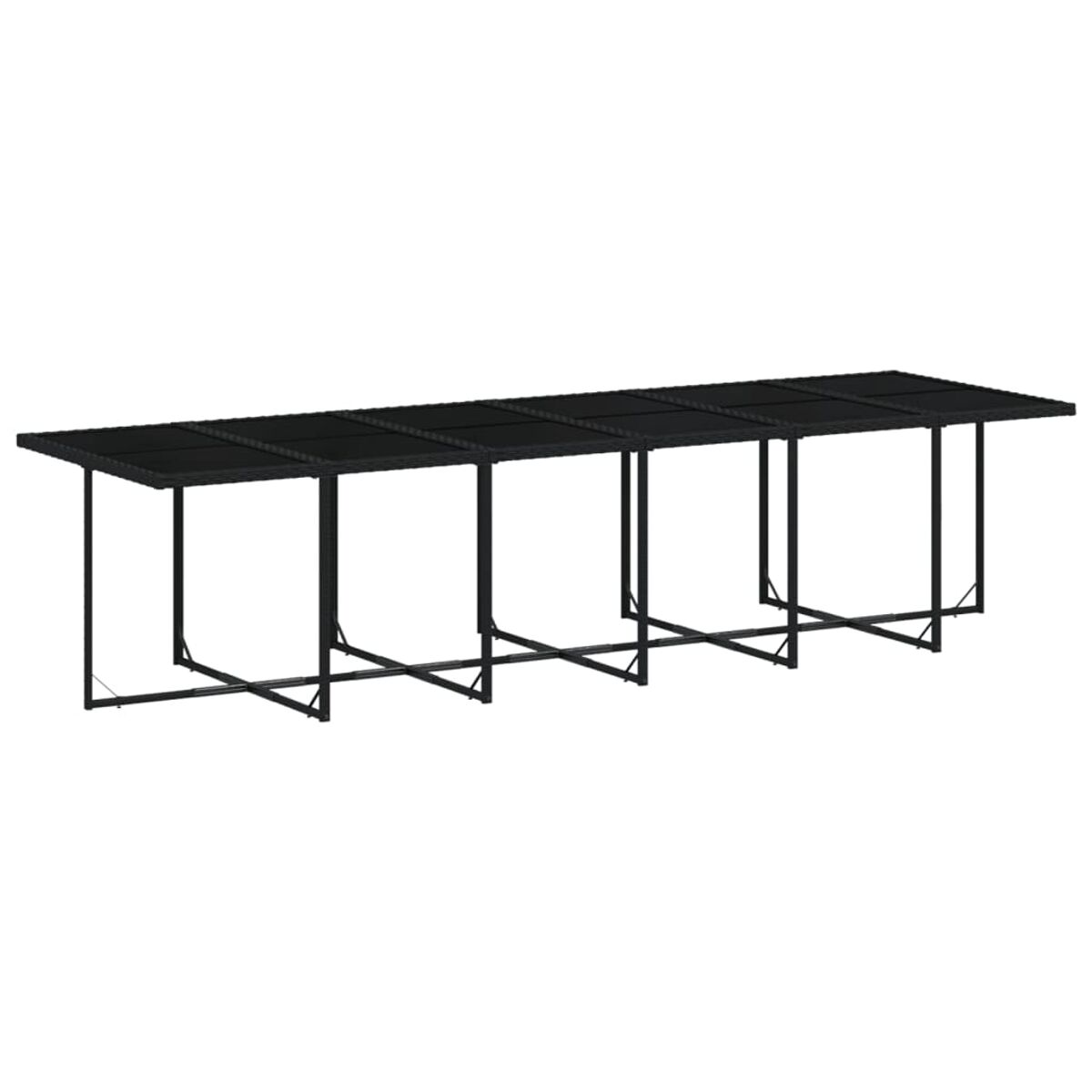 Tenda rettangolare nera per esterni. Ha una superficie lunga e orizzontale sostenuta da sei gambe.