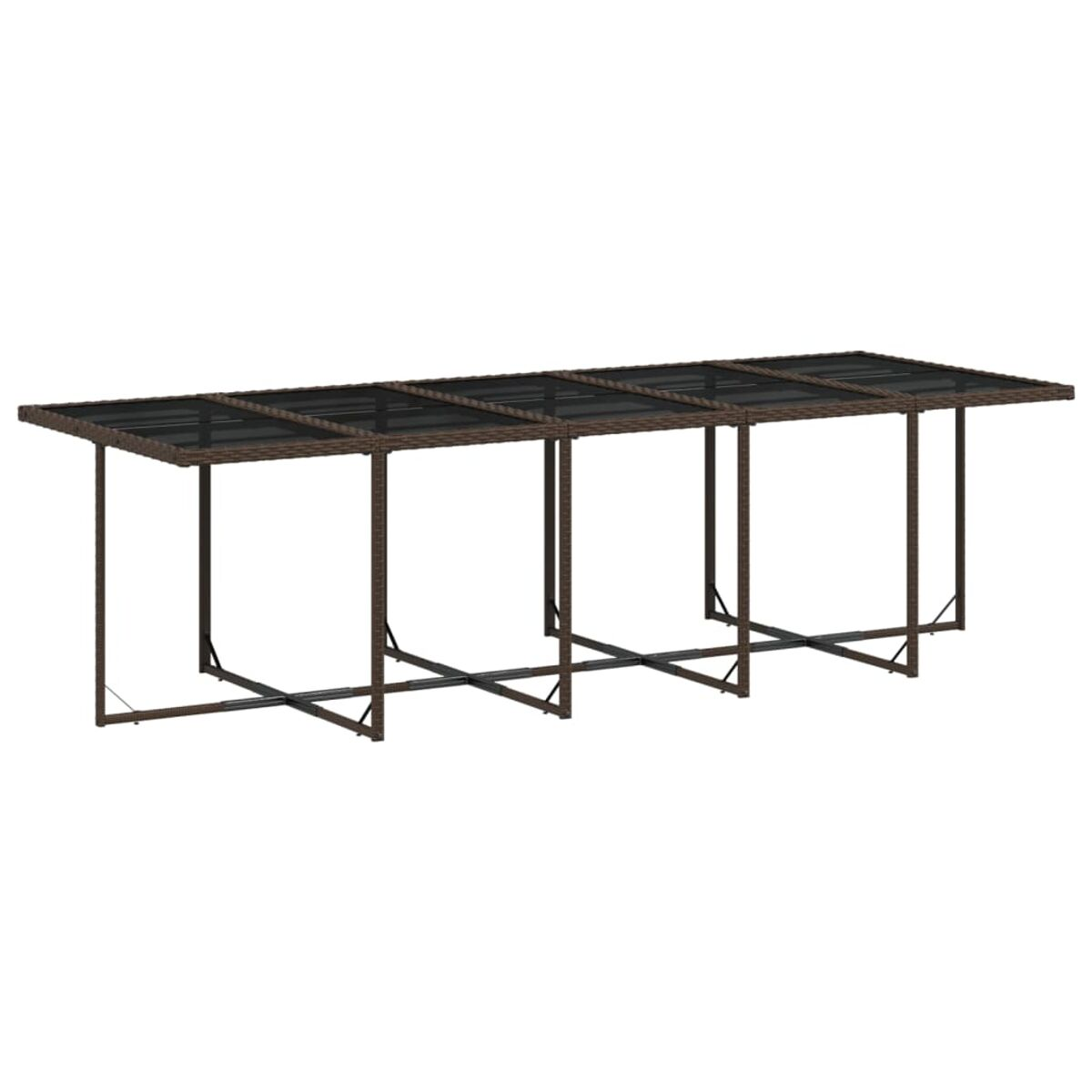 Brauner Outdoor-Tisch aus Korbgeflecht mit Glasplatte und Metallbeinen.