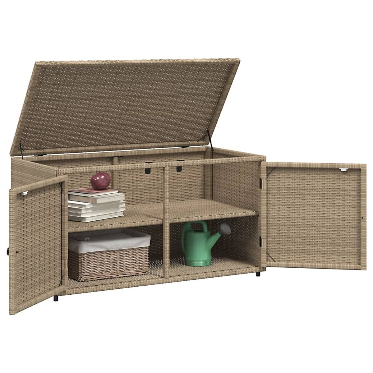 Weidenkorbschrank mit offenen Türen und Deckel, zeigt Regale mit Büchern, einem Korb und einer Gießkanne.
