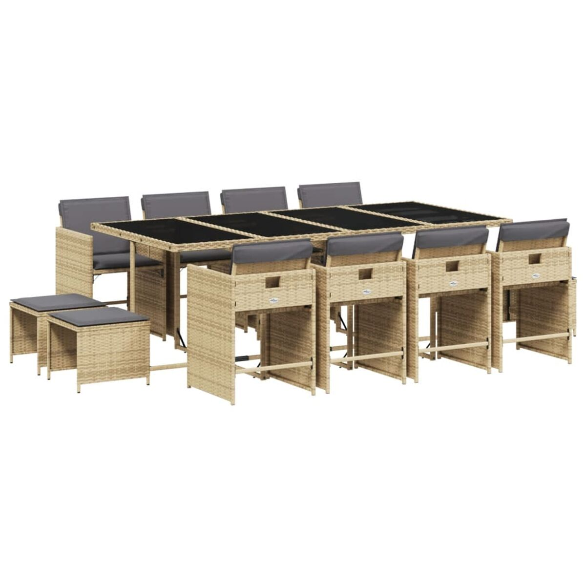 Set da pranzo in vimini. Include un tavolo con 8 sedie e 2 sgabelli. Piano del tavolo nero. Sfondo bianco.