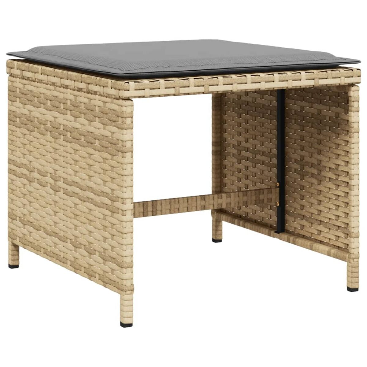 Tavolino da esterno intrecciato con cuscino grigio sopra, forma quadrata, su sfondo bianco.