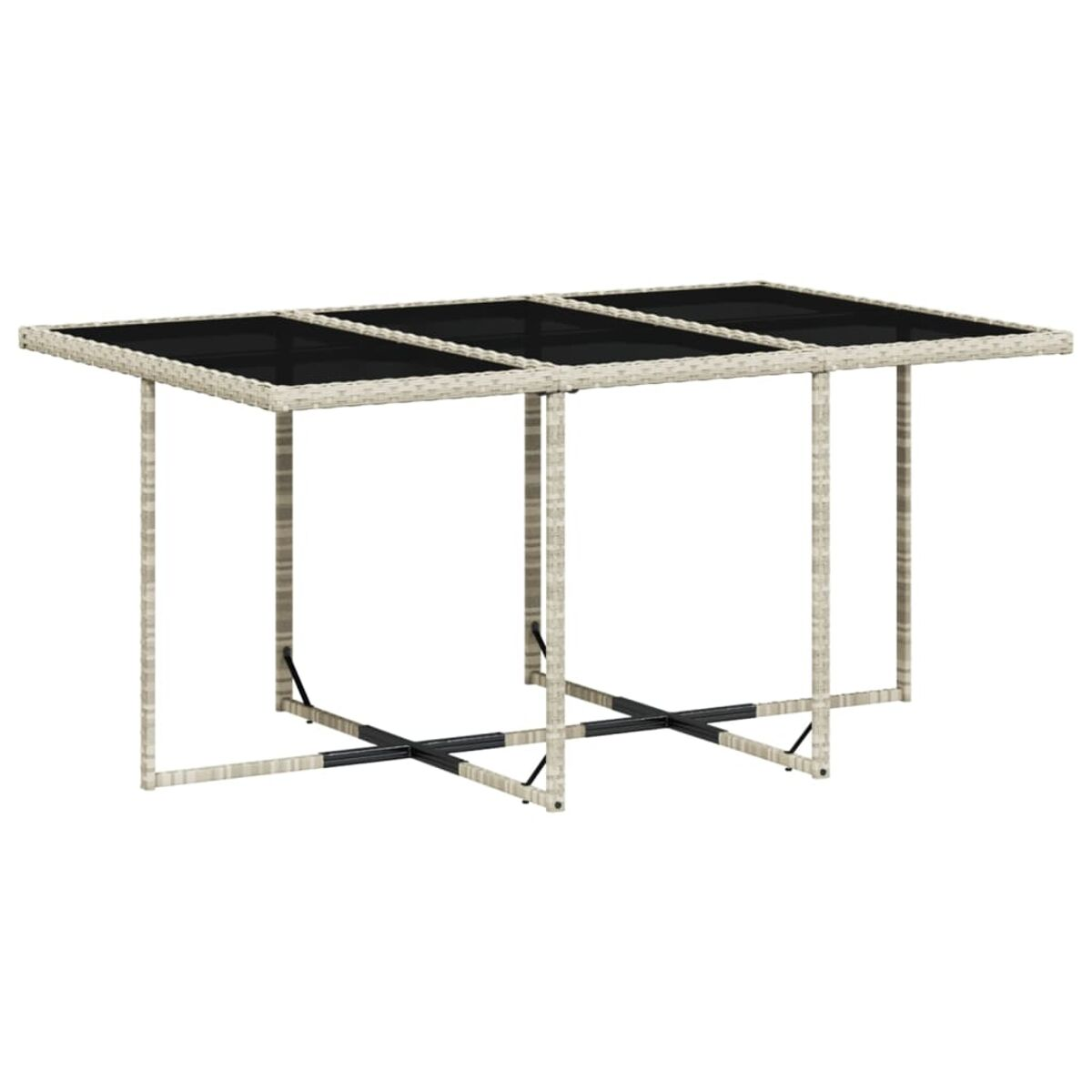 Tavolo lungo da esterno con pannelli in vetro e base intrecciata. Il tavolo è di colore chiaro e ha una base a croce nera.