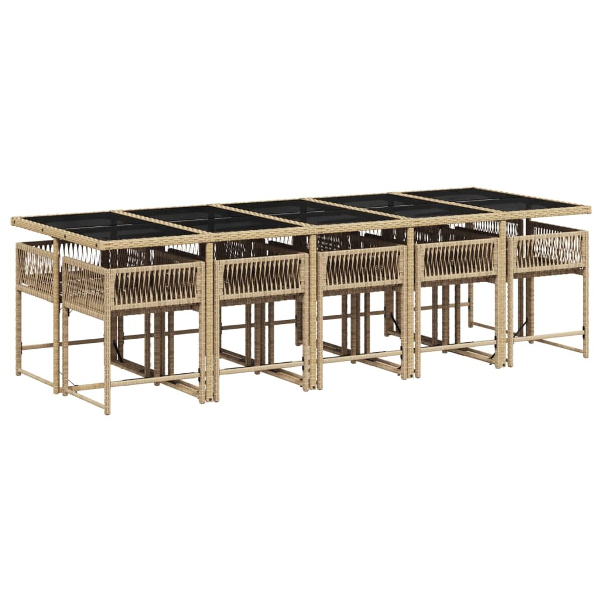 Tavolo da pranzo lungo beige per esterni. Ha un piano nero. Le sedie fanno parte del set. Sfondo bianco.