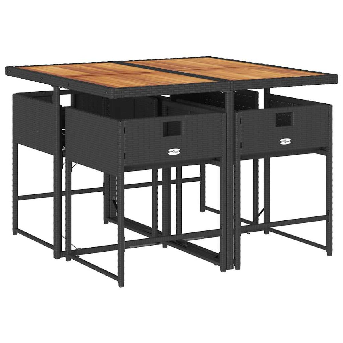 Tavolo da bar esterno nero con piano in legno. Quattro sedie integrate nel tavolo.