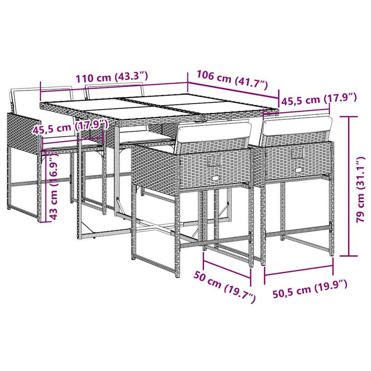 Set da pranzo per esterni con tavolo rettangolare e sedie, dimensioni in cm.