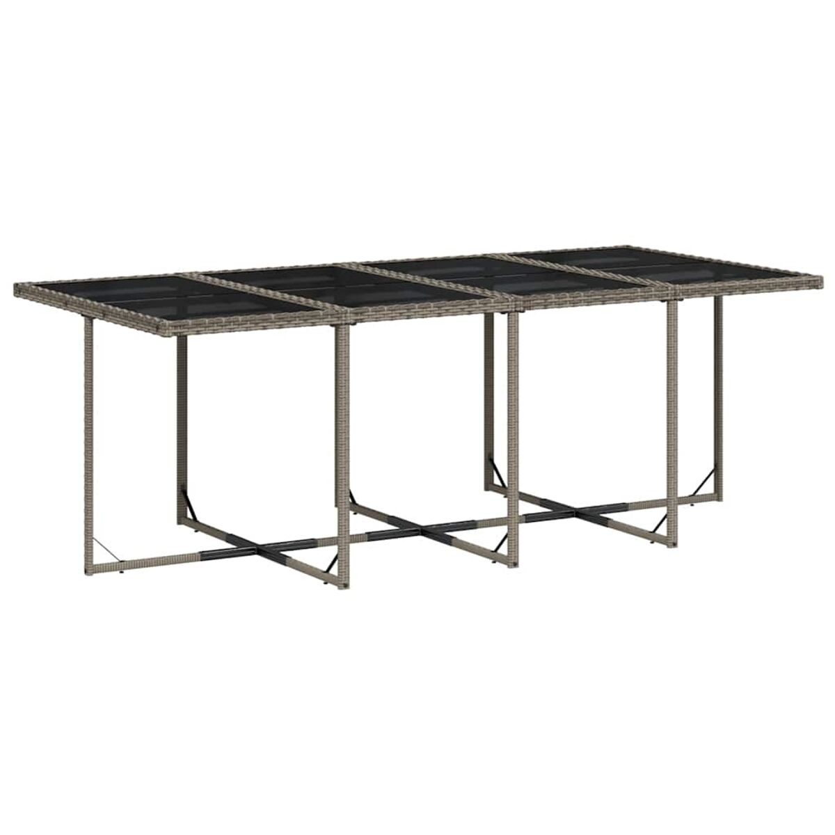 Tavolo da pranzo esterno in vimini. Struttura grigia, piano in vetro nero.