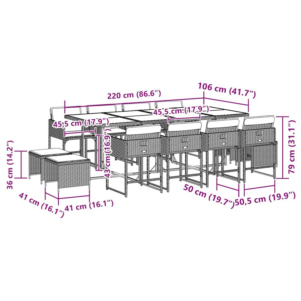 Set di mobili da esterno con dimensioni. Tavolo e sedie, materiale intrecciato.